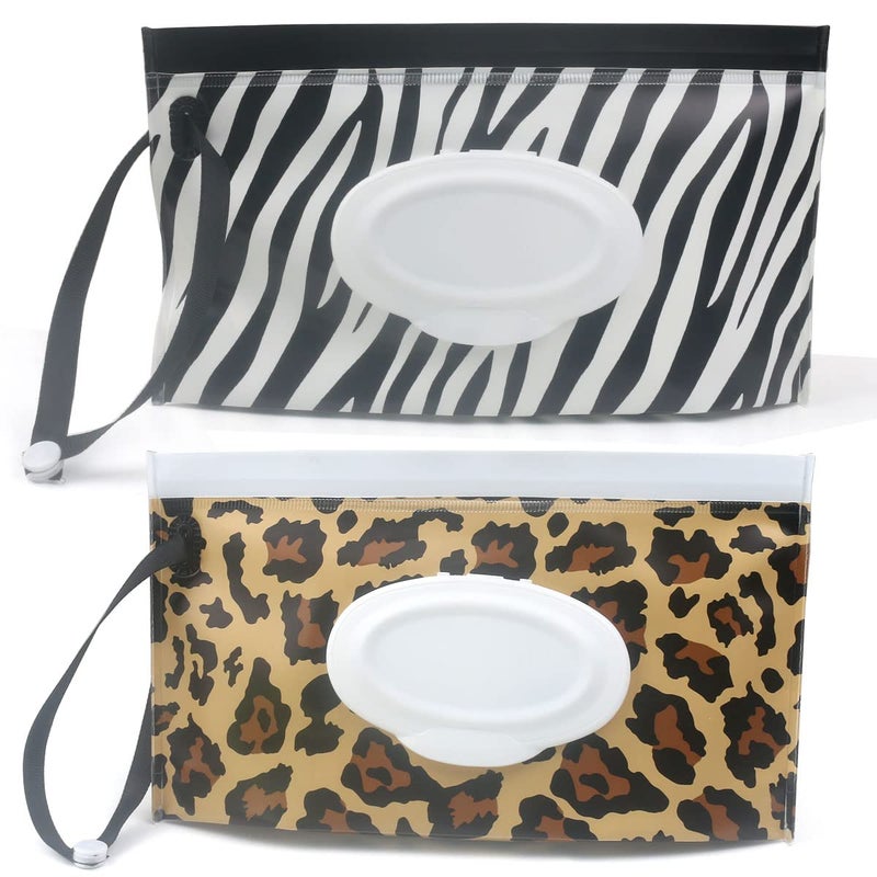 FKEYTO Baby Wipe Dispenser,Portable Refillable Wipe Holder Wipe Dispenser Bag Reusable Travel Wet Wipe Pouch (Zebra + leopard print) - Image 1
